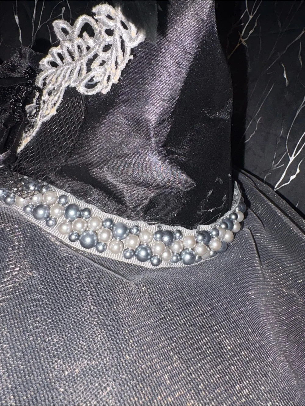 Elegant Black Witch Hat with Veil and Floral Accents unique embellishments